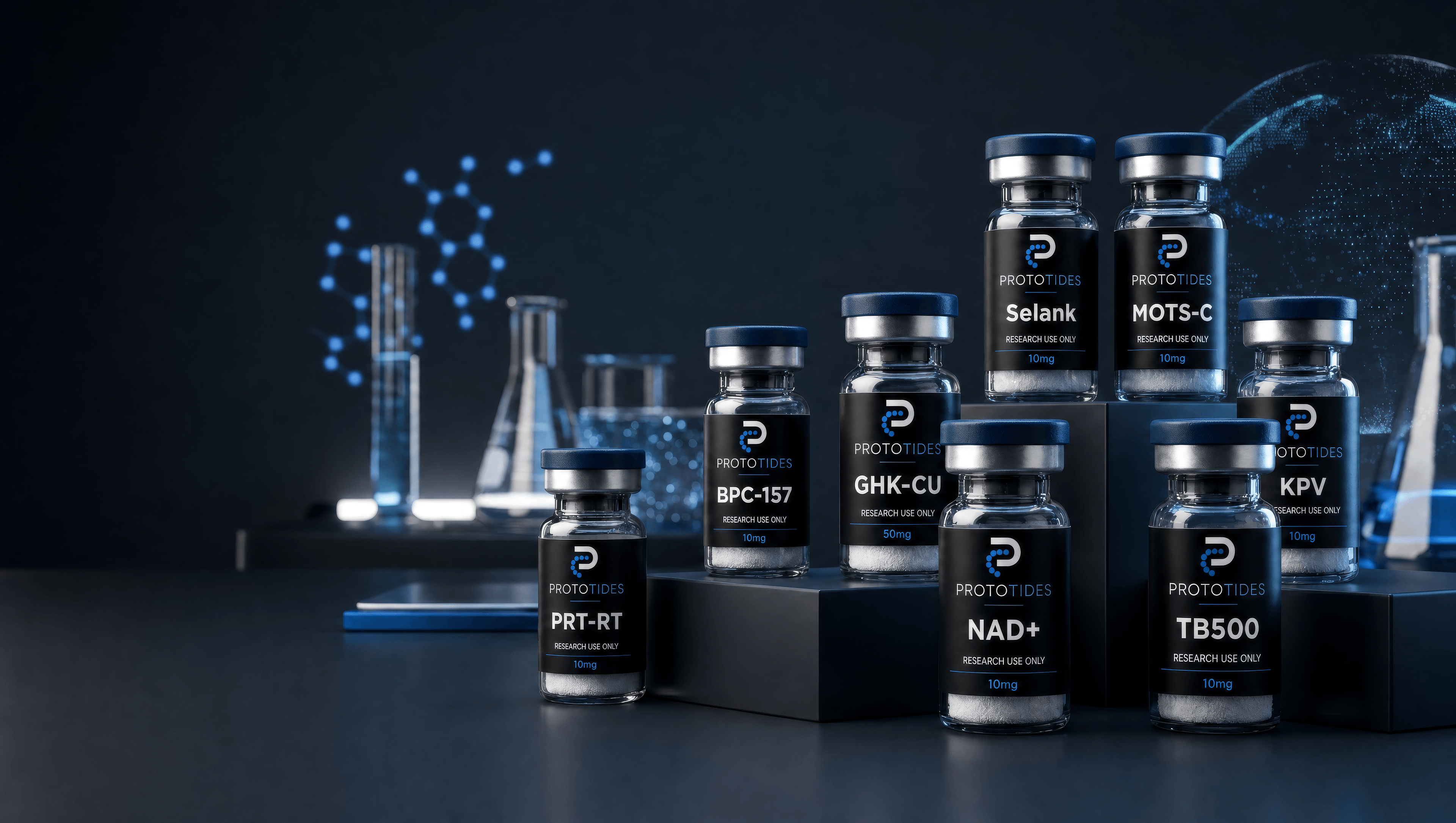 Prototides research compound vials — BPC-157, TB-500, GHK-Cu and more — arranged in a laboratory setting